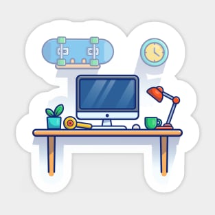 Table, Monitor, Plant, Cup, Lamp, Mouse, Skateboard And Clock Cartoon Sticker